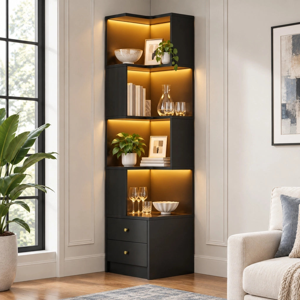 Libreria angolare a L 45x43.5x180 cm con LED controllato tramite app in MDF nera
