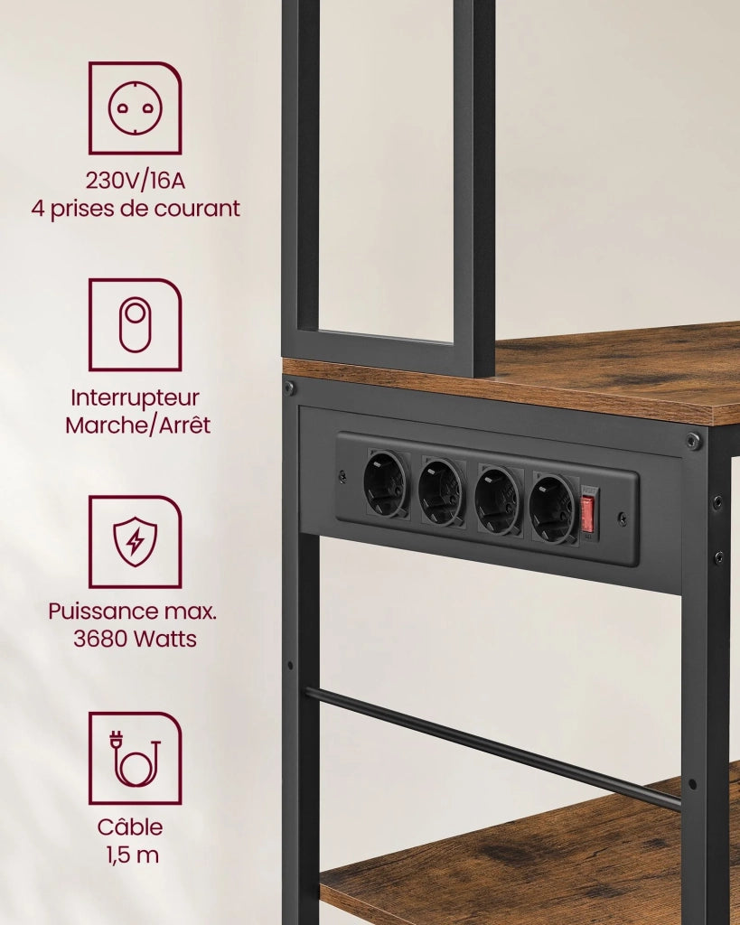 Mensola da cucina con multipresa bar con ripiani regolabili cassetto in tessuto 12 ganci 40 x 100 x 180,4 cm supporto per microonde marrone 12_0005654