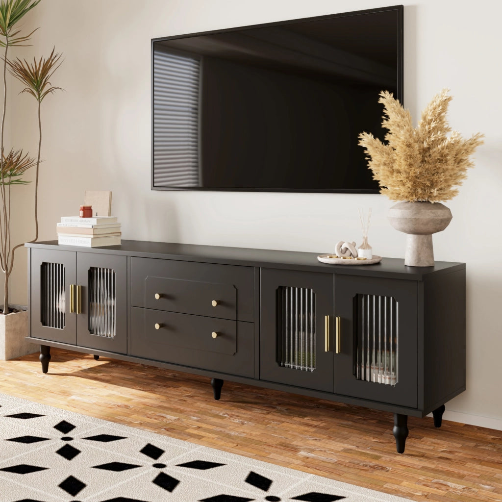 Mobile TV nero 177x38x55,5 cm con 4 ante in vetro rigato e cassetti push-to-open