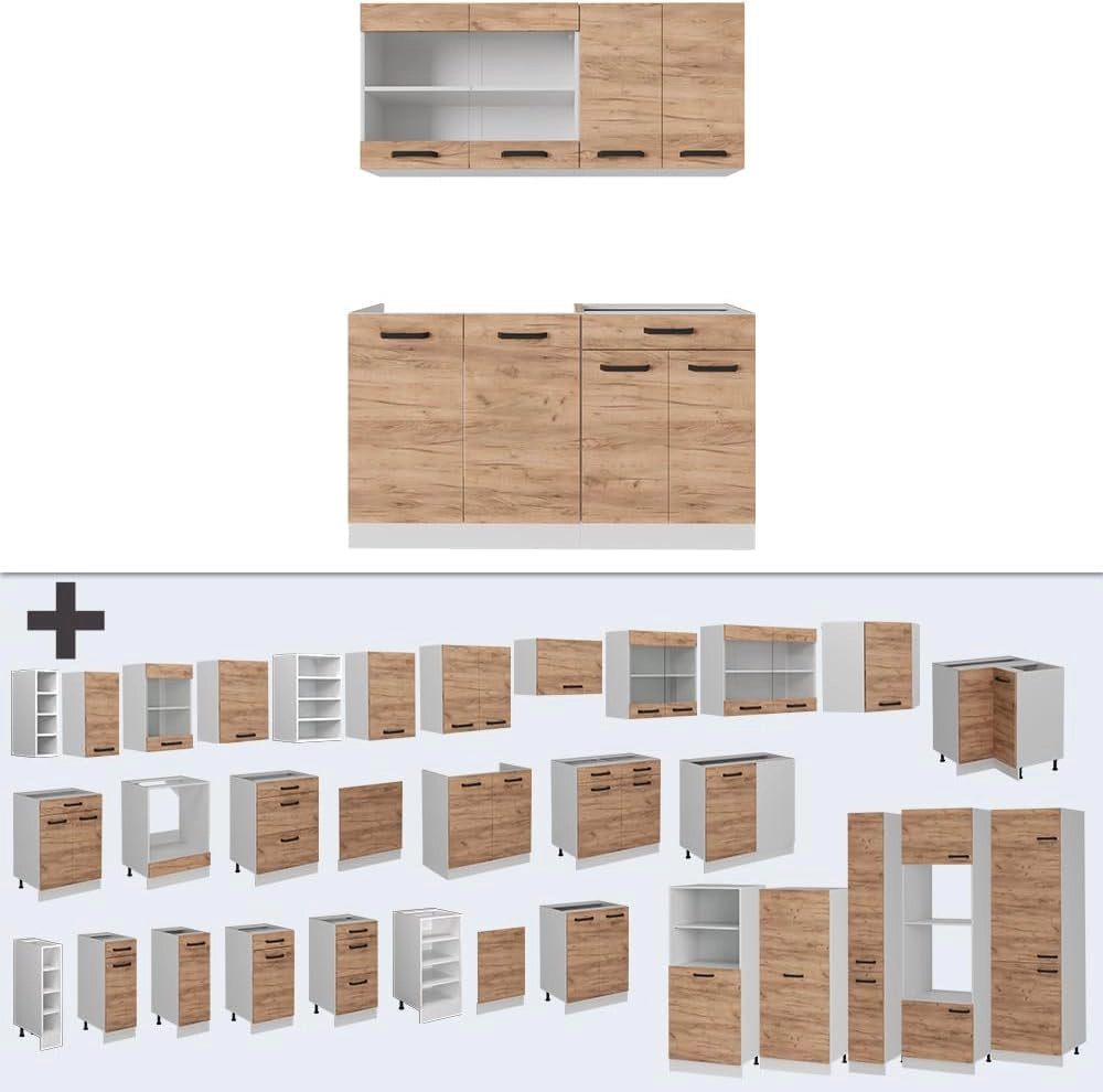 Cucina monoblocco R-Line, Quercia dorata, 140 cm PL Antracite, adatto a spazi piccoli, espandibile in modo modulare