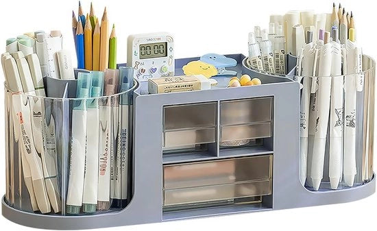 Penhouder - Organizzatore per Ufficio - 14 Compartimenti - Grande Capacità - Cassettino a Doppio Strato Transparente - per Matite e Diversi Oggetti di Ufficio - Blu