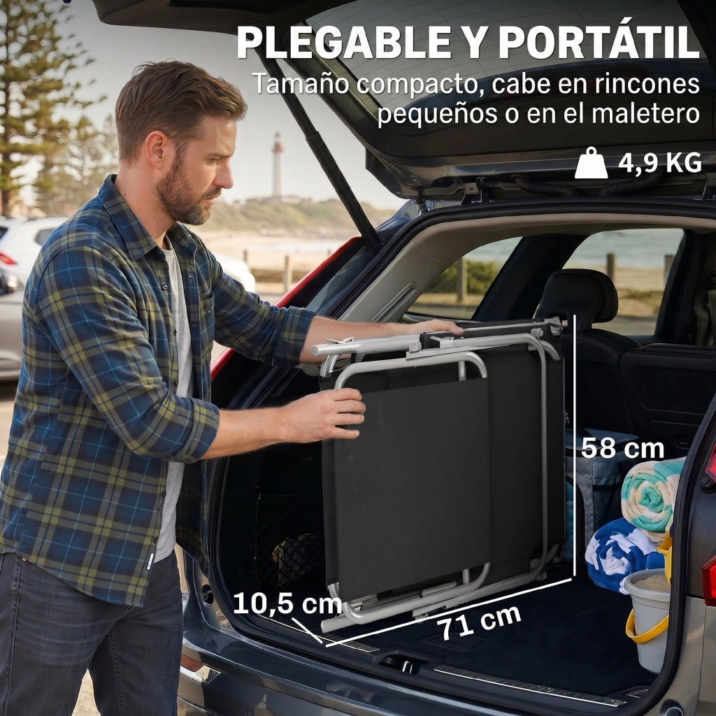 Tumbona Pieghevole con Toldo e Respaldo Reclinabile ¨C Zephmum ¨C Nero 187x58x36cm