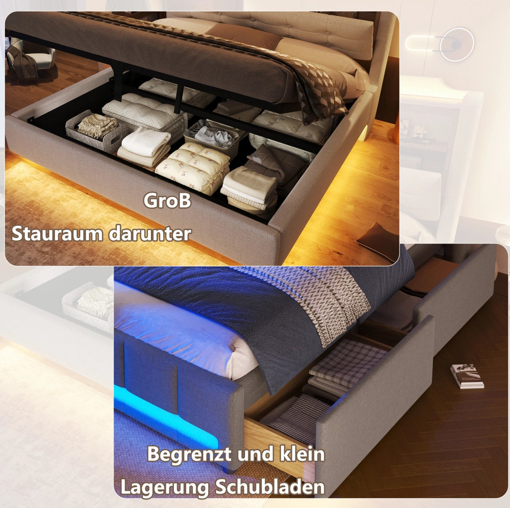 Letto imbottito 140 x 200 cm con LED, contenitore idraulico, USB e Tipo C, beige