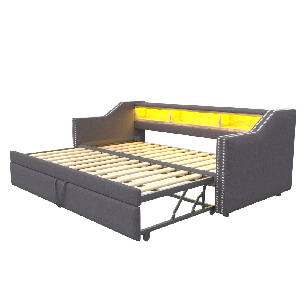 OKWISH Letto a Scomparsa Tipo Divano 90×190 cm e 180×190 cm, Letto Singolo con USB, LED Regolabile e 3 Mensole, senza Materasso, Grigio Scuro