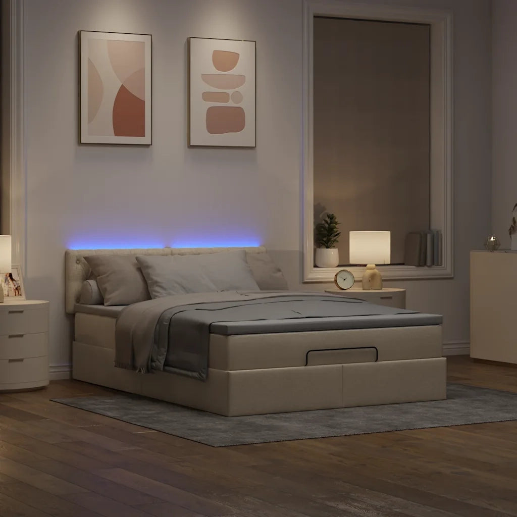 Pouf Letto con Materasso e LED Crema 140x200 cm in Tessuto