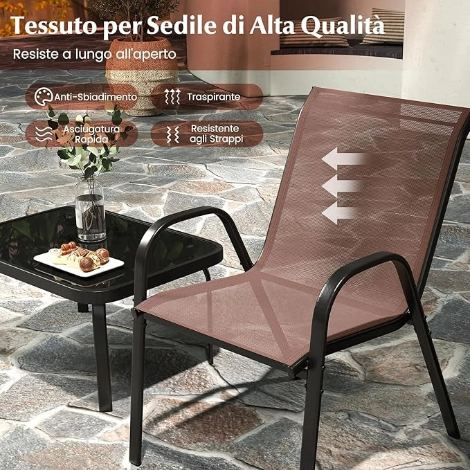 Set Tavolo e Poltrona da Giardino, Set di Mobili 4 Pezzi per Esterno, con Tavolino in Vetro Temperato, Panca e 2 Poltrone, per Giardino Balcone Piscina (Marrone)