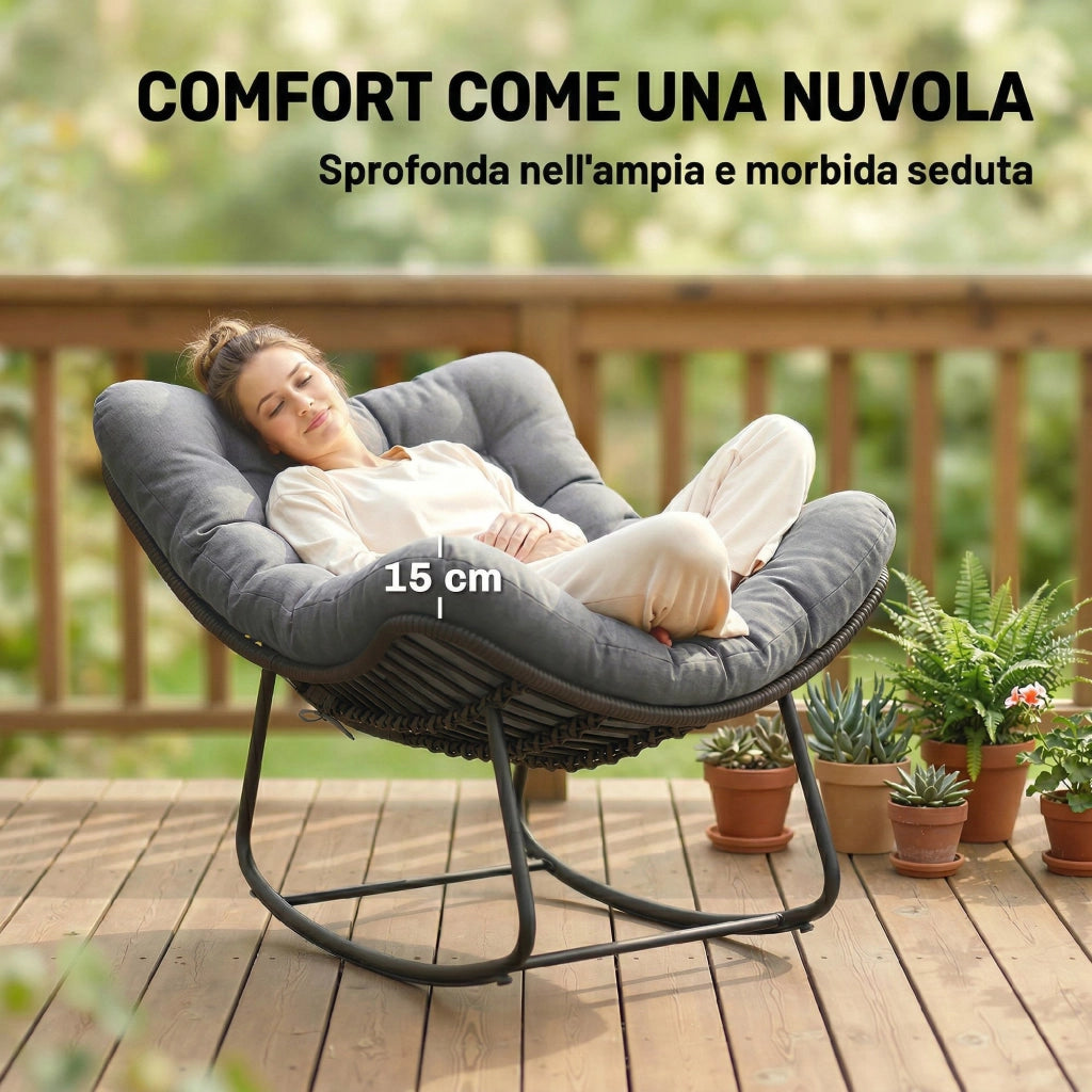 Sedia a Dondolo in Rattan con Cuscino Morbido per Giardino, Balcone, Grigio Scuro