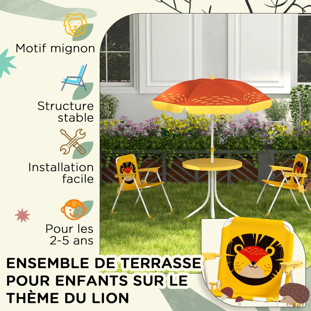 Set giardino bambini 4 pezzi ¨C zephmum ¨C motivo leone con ombrellone giallo regolabile ? 100 cm