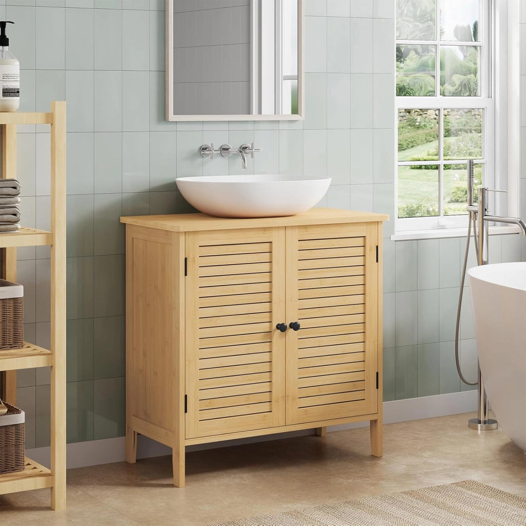 Armadio Sottolavabo in Bambù per Bagno, Organizzatore per Accessori da Bagno, Resistente all'Umidità, Traspirante, con Sifone 20x10 cm, Ripiano Regolabile, 60x30x60 cm
