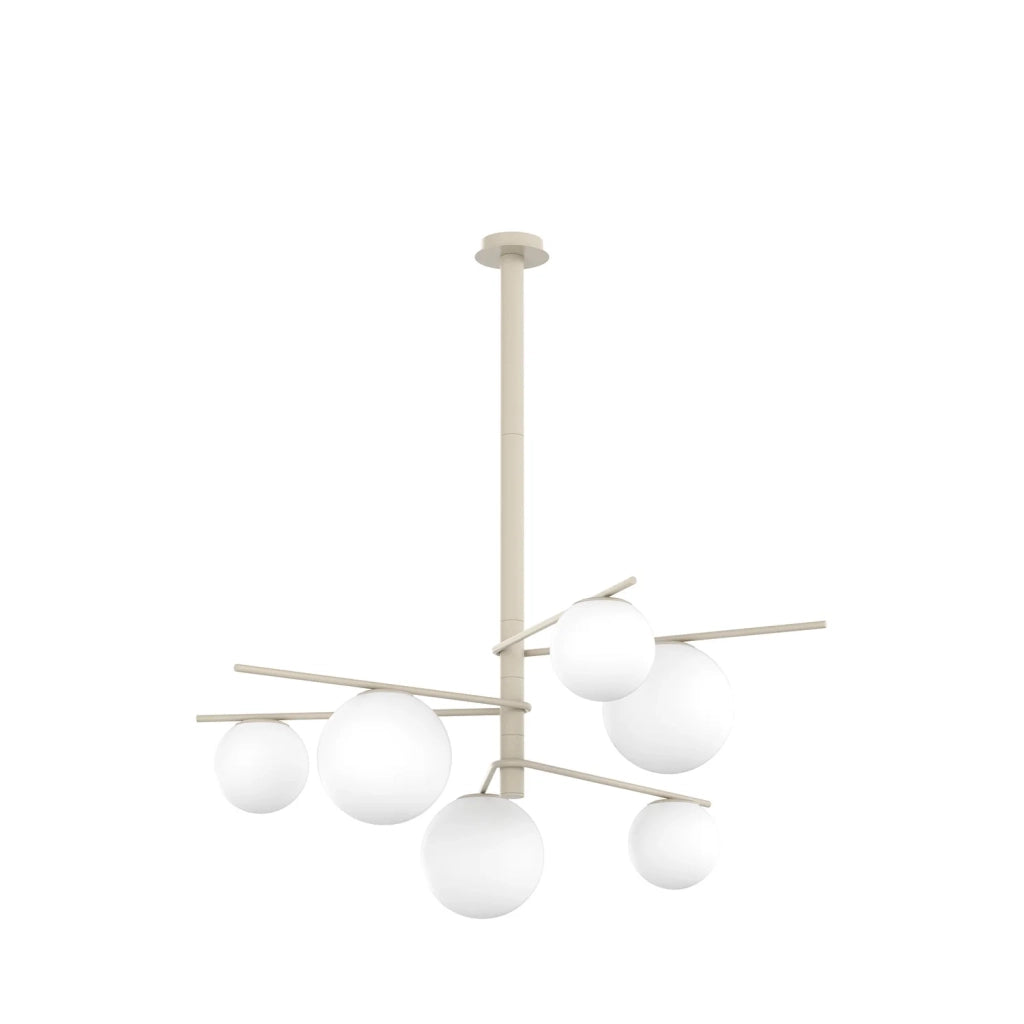 Lampadario Contemporaneo Boomerang Metallo Sabbia Vetro Bianco 6 Luci E27