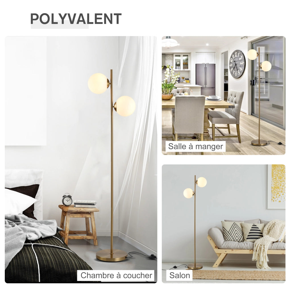 Lampada da terra design ¨C Minimal ¨C 2 teste, sfera, metallo dorato