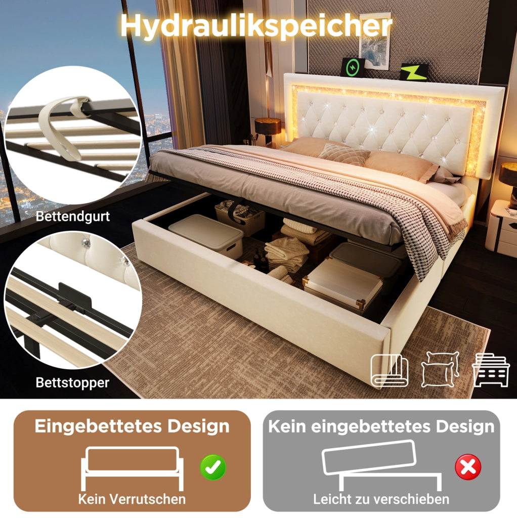 Letto imbottito con LED, porta USB e vano contenitore