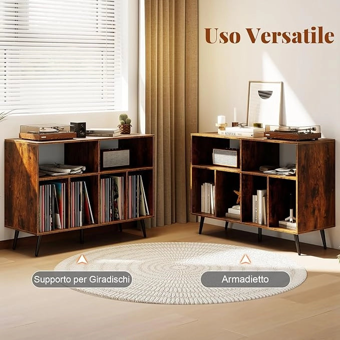Supporto per Giradischi, Mobiletto per Giradischi a 3 Livelli con Scaffali per Vinili, Tavolino per Dischi con 5 Gambe, Scaffale Espositivo per Soggiorno, Sala Musica (Marrone)