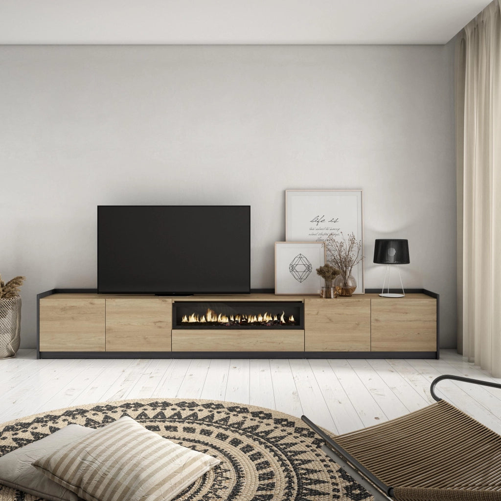 Mobile TV Soggiorno, 310x50x37 cm, Per TV fino a 80", Camino elettrico, Rovere e nero