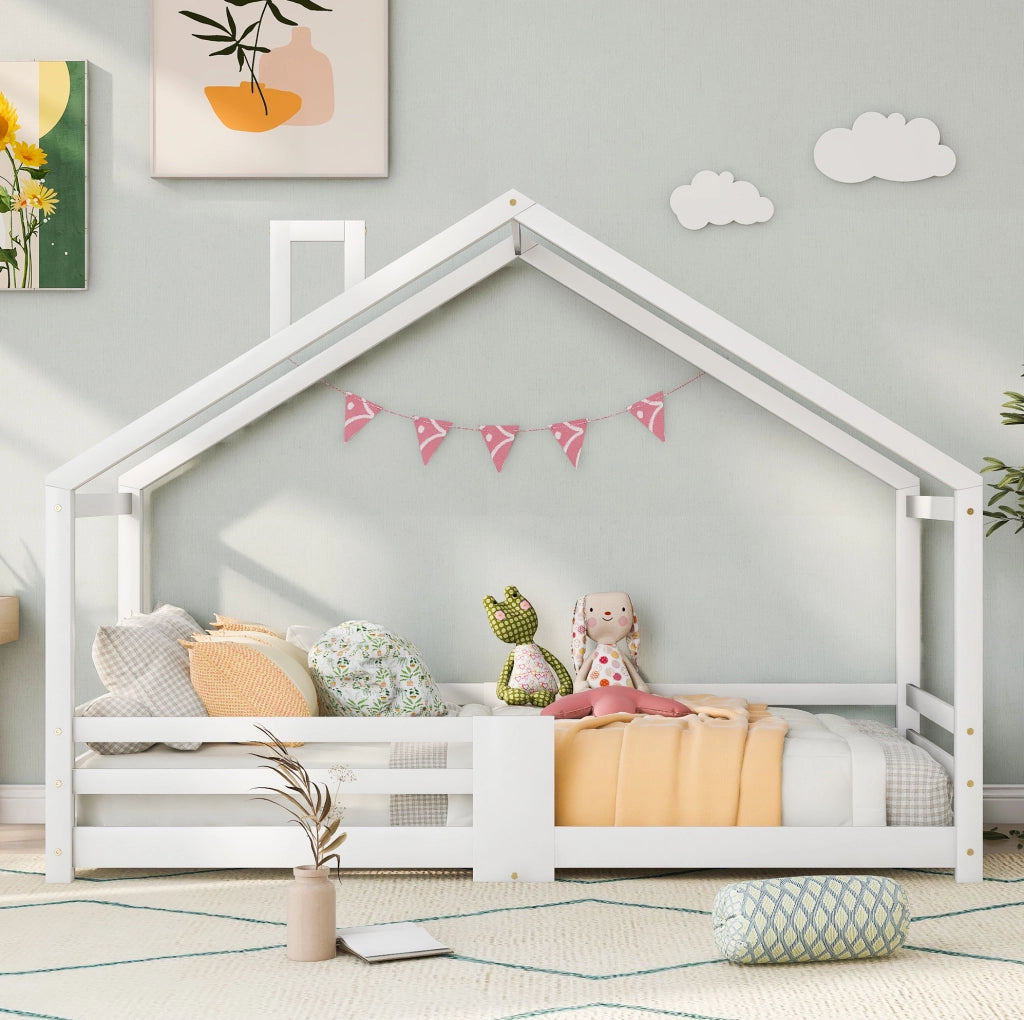 Letto a casetta 90x200 cm con sponda; legno; bianco (Senza materasso)