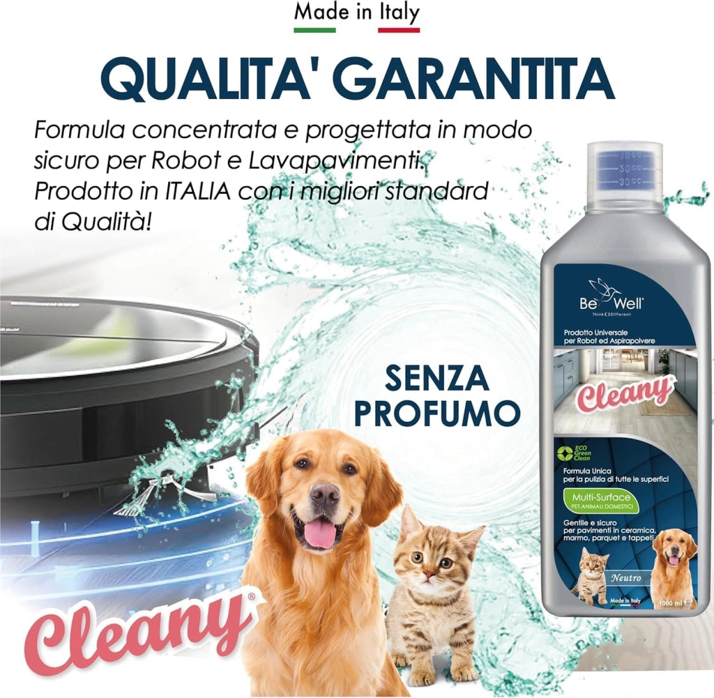CLEANY Detergente Concentrato per Robot Lavapavimenti e Aspirazione con Igienizzante Multisurface 1000ml pulizia senza aloni e sostenibile Adatto a tutti i Robot (SENZA PROFUMO)