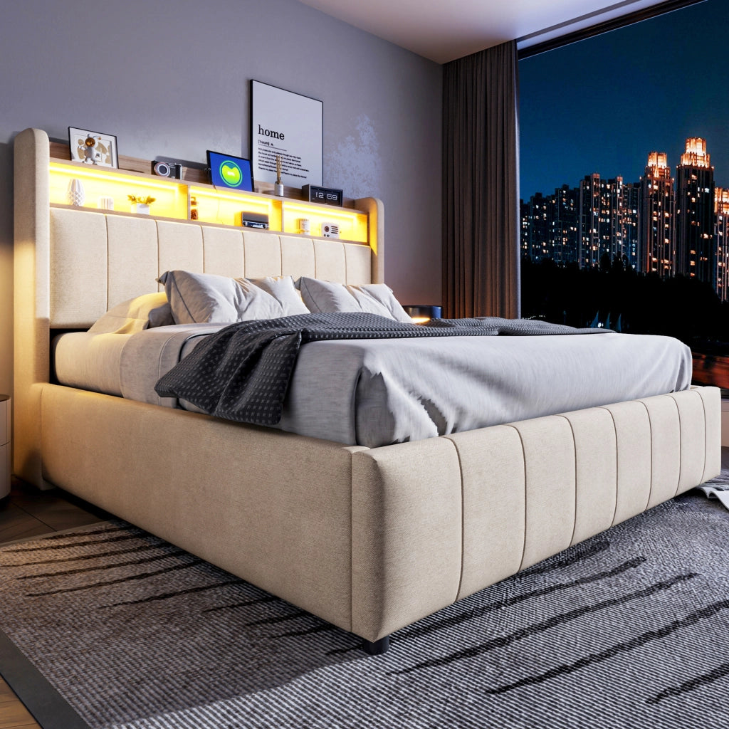 Letto matrimoniale imbottito 160x200 cm in tessuto effetto lino beige con LED; USB e contenitore