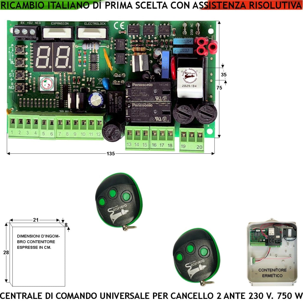 Centralina Comando Cancello 2 Ante 230 V Radio 433 MHz 2 Radiocomandi Tempi Funzione e Forza Singola Sensibilità Ostacolo Aliment. Accessori 24 V Lampeggi Differenziati Simile Proteco Fac Came Univers