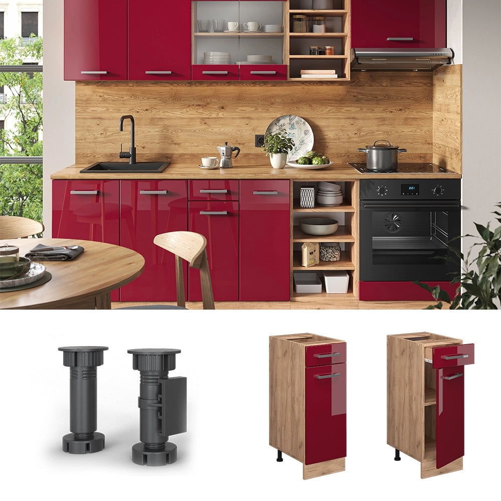 Mobiletto base per cucina R-Line Rosso lucido/Rovere dorato 30 cm senza piano di lavoro Vicco