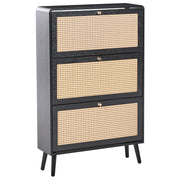 Scarpiera a 3 scomparti in legno MDF melaminico e rattan PE stile boho nero