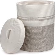 Wascio grande con coperchio - Raccoglitore di bucato - Cestini intrecciati - Grande e XXL - Cesto di cotone bianco marrone - Cassettiera grande (37 x 52 cm)