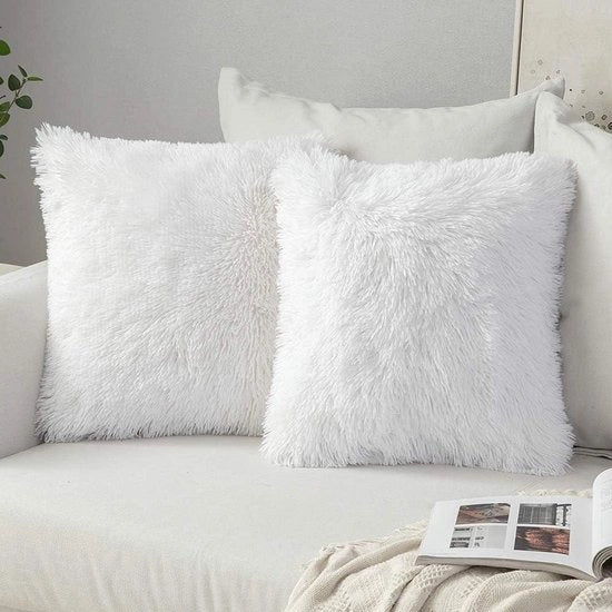 Copri cuscino in pelliccia imitativa - Coperte morbide e decorative quadrati per cuscini - Copri cuscini in peluche - 40 x 40 cm - Bianco - Set da 2