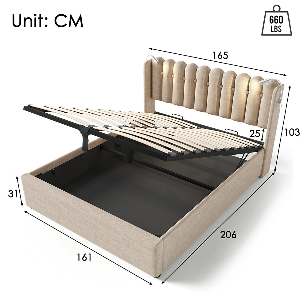 Letto a cassone imbottito 160x200 cm - Xylo - Con funzione di carico e due luci da lettura, Beige