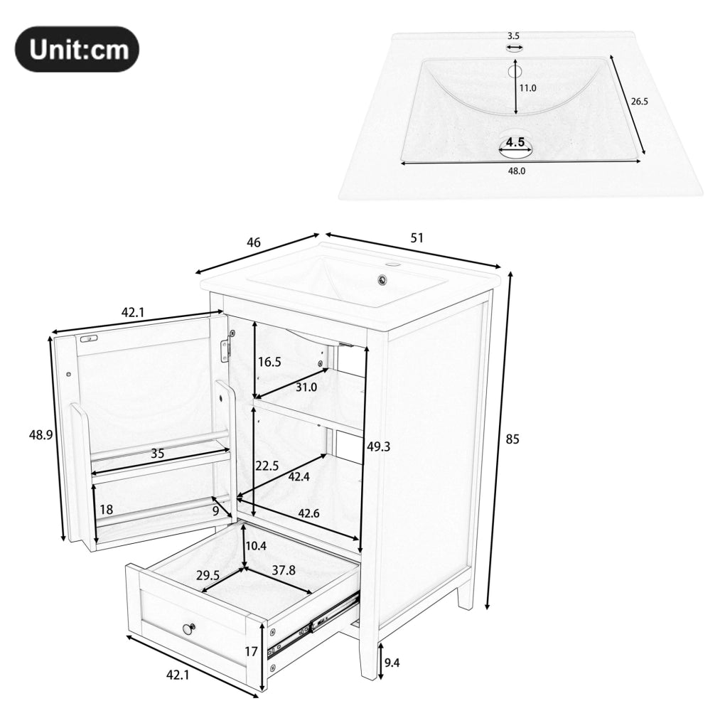 Mobile bagno freestanding 51x46x85 cm con lavabo in ceramica