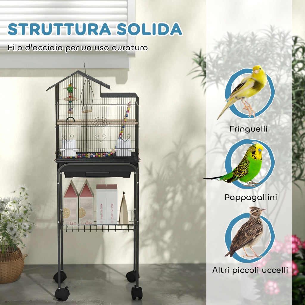 Gabbia per Uccelli con Piedistallo, Ruote Girevoli, Ripiano e Accessori, 46x36x120 cm, Nero
