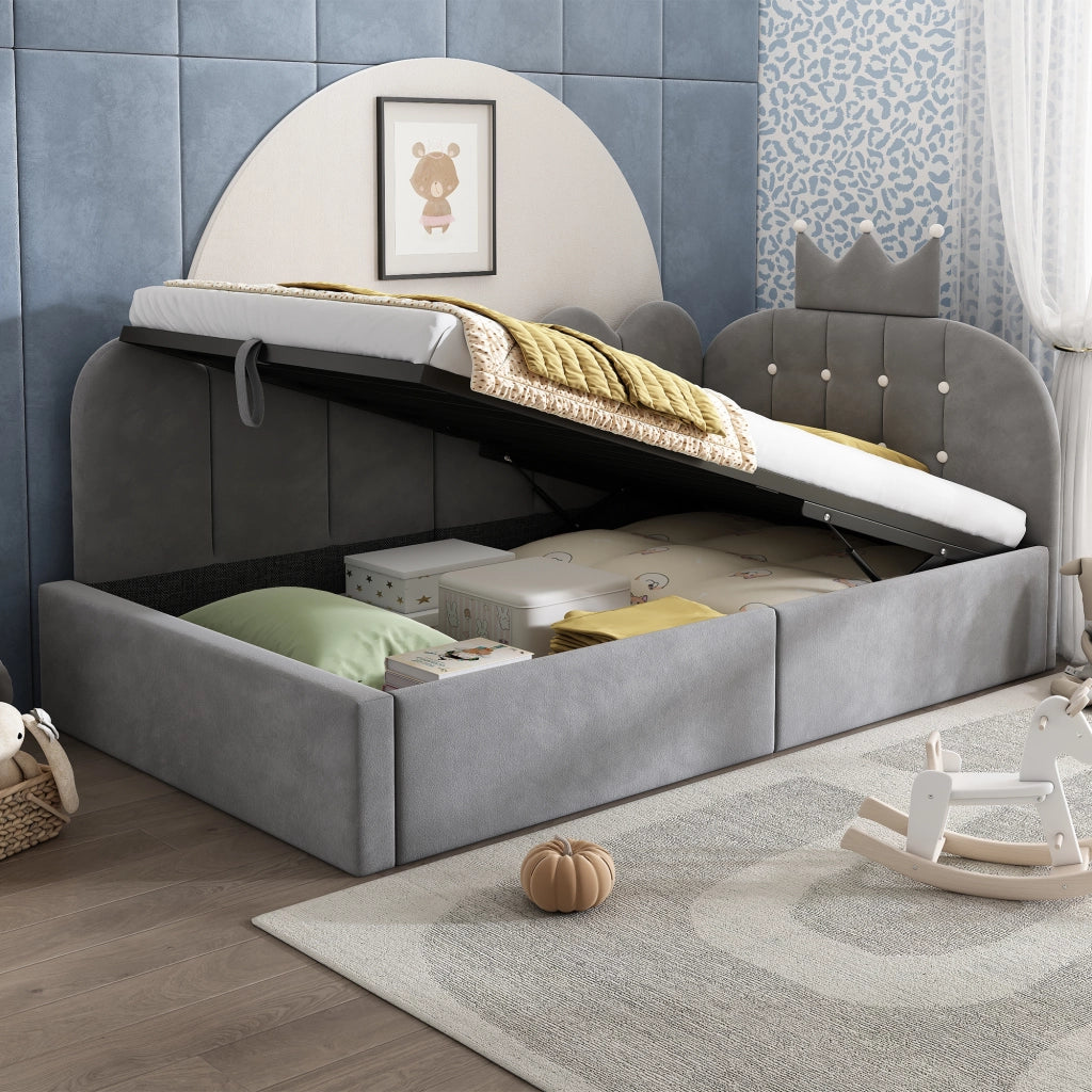Letto singolo contenitore in velluto grigio 90x200 cm, design a corona, con rete a doghe, senza materasso