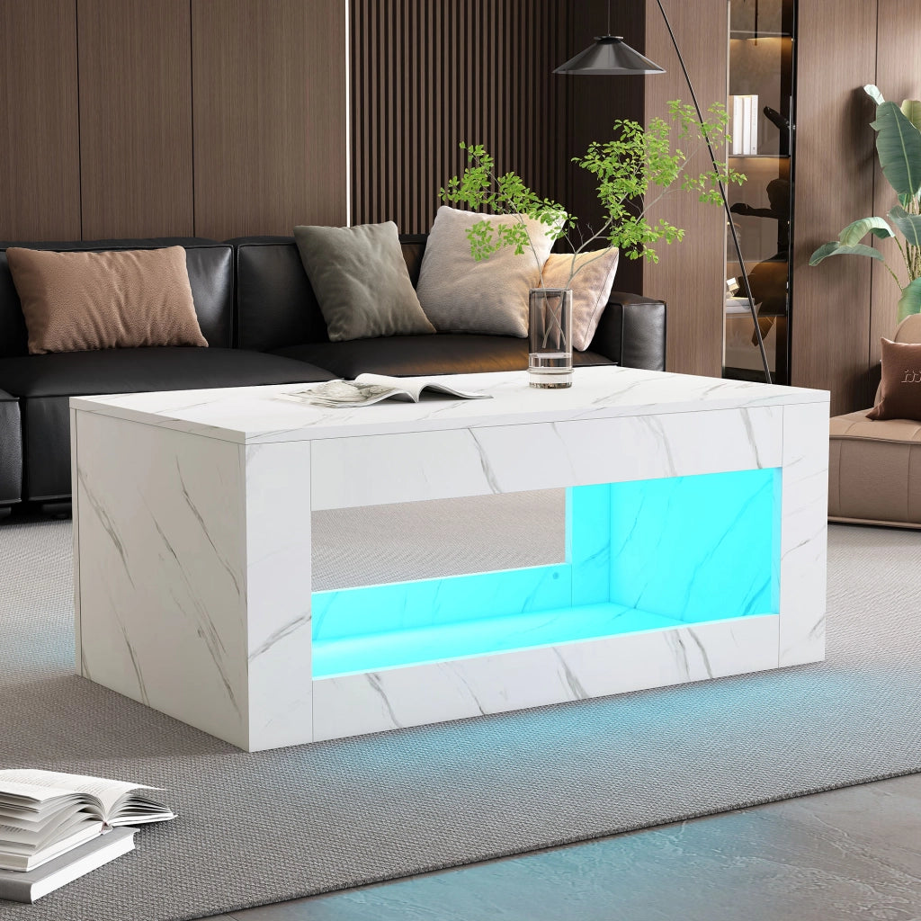Tavolino da caffè con vano aperto e illuminazione LED; finitura lucida - per soggiorno - 100x50x50 cm - in pannello di particelle - bianco