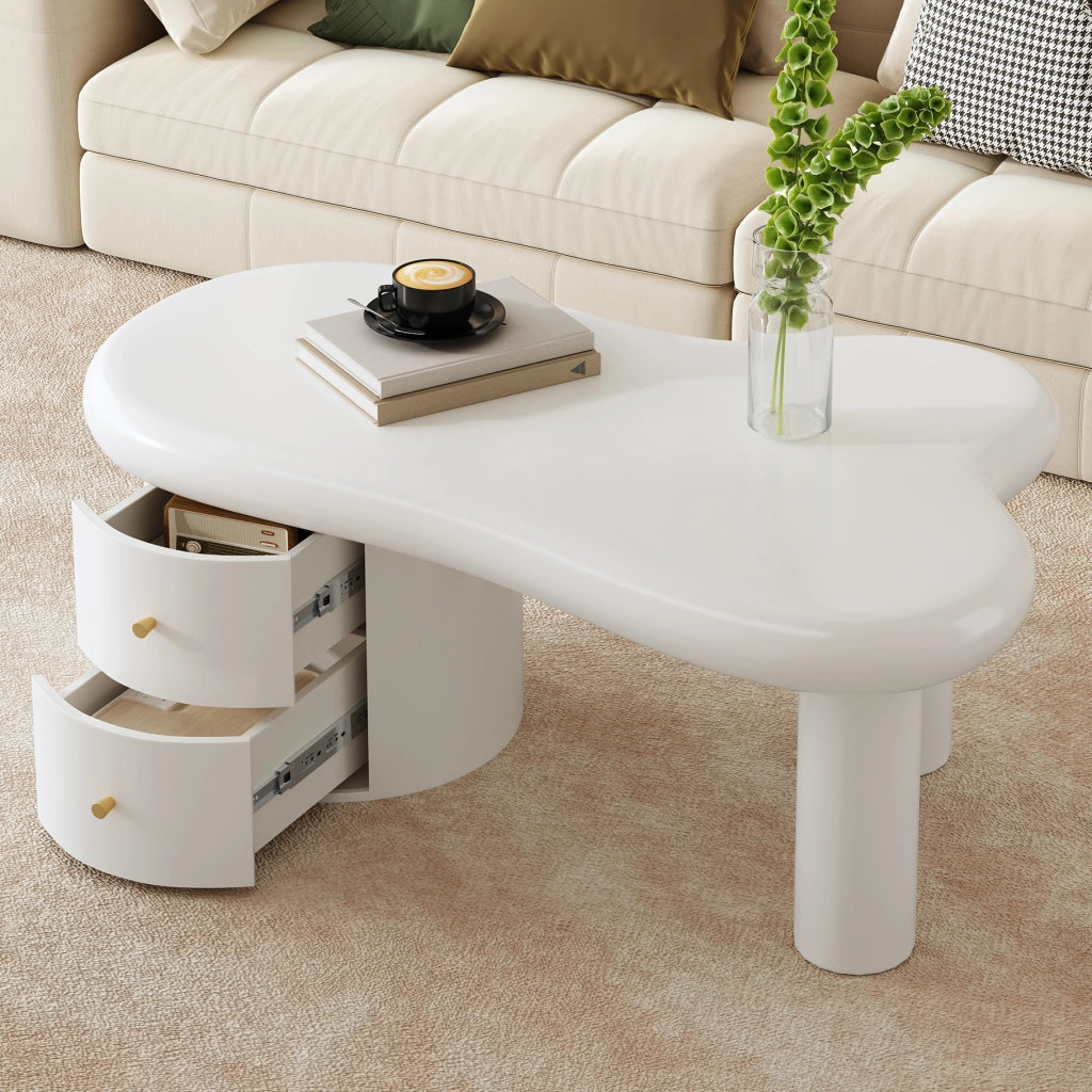 Tavolino da Caffè Forma Organica con 2 Cassetti; Struttura in MDF; Design Minimalista; Bianco; 97×64×42 cm