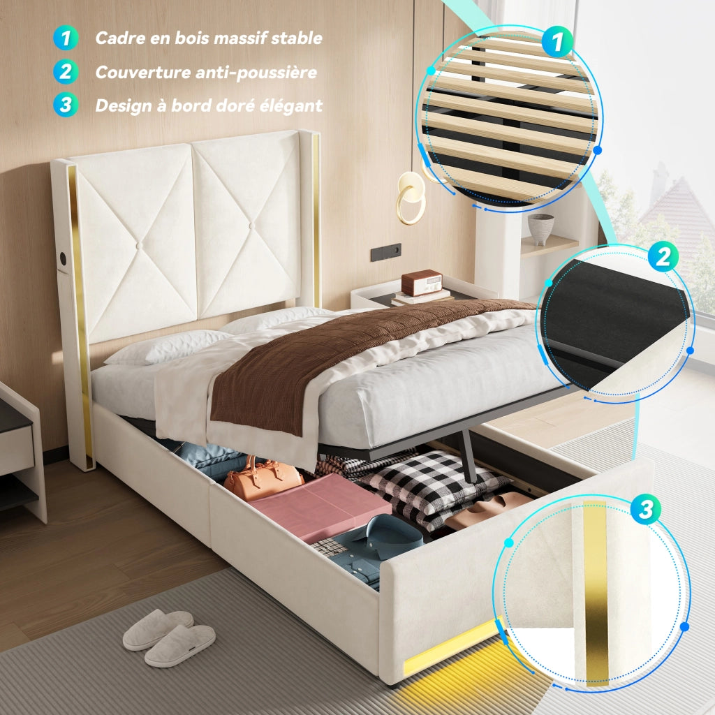 Letto Contenitore Singolo 90x200 cm; USB; Type-C; LED e tasche laterali; Velluto Beige