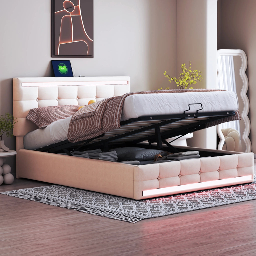 Letto matrimoniale imbottito LED 140 x 200 cm con contenitore e USB beige