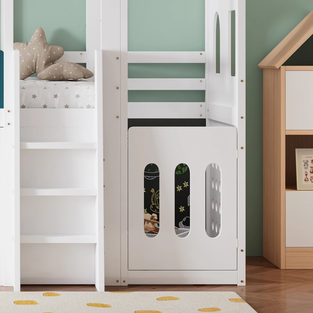 Letto a Soppalco 90 x 200 cm - Casetta; Armadio Contenitore e Scala - Bianco