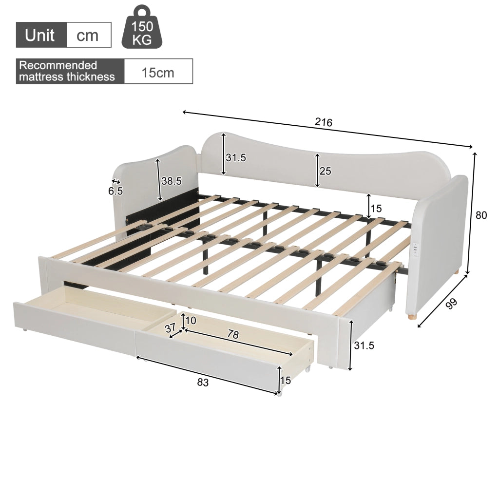 Letto imbottito estraibile 90x200 cm in velluto beige con 2 cassetti, porta USB e USB-C