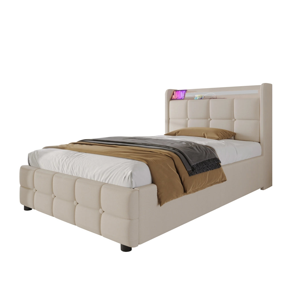 Letto singolo 90x200 cm con LED; USB; prese e 2 cassetti; beige