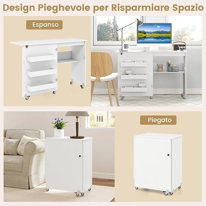 Tavolo da Cucito Pieghevole, Mobile per Macchina da Cucire con Ripiano Portaoggetti, 3 Scomparti Nascosti e Ruote Bloccabili, Mobile Multiuso per Piccoli Spazi (Bianco, 118,5 x 40 x 79,5 cm)
