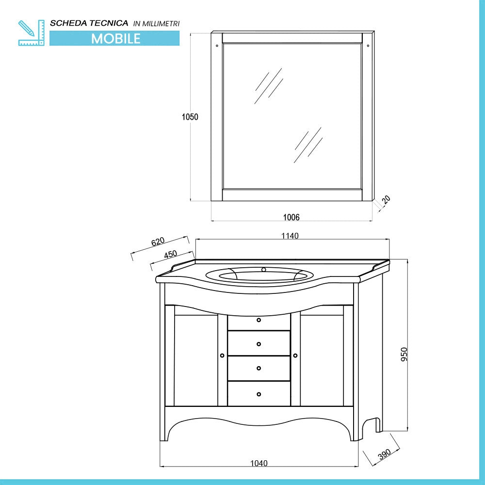 Mobile bagno a terra 115 cm bianco decape con lavabo specchio e lampade Romantica