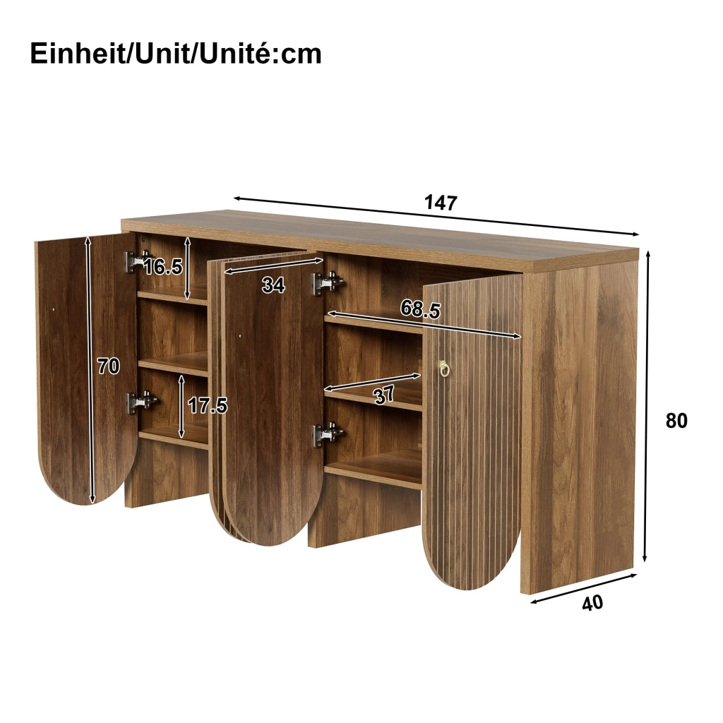 Credenza con 4 ante e ripiani regolabili in MDF effetto noce con finitura a riquadri 147 × 40 × 80 cm