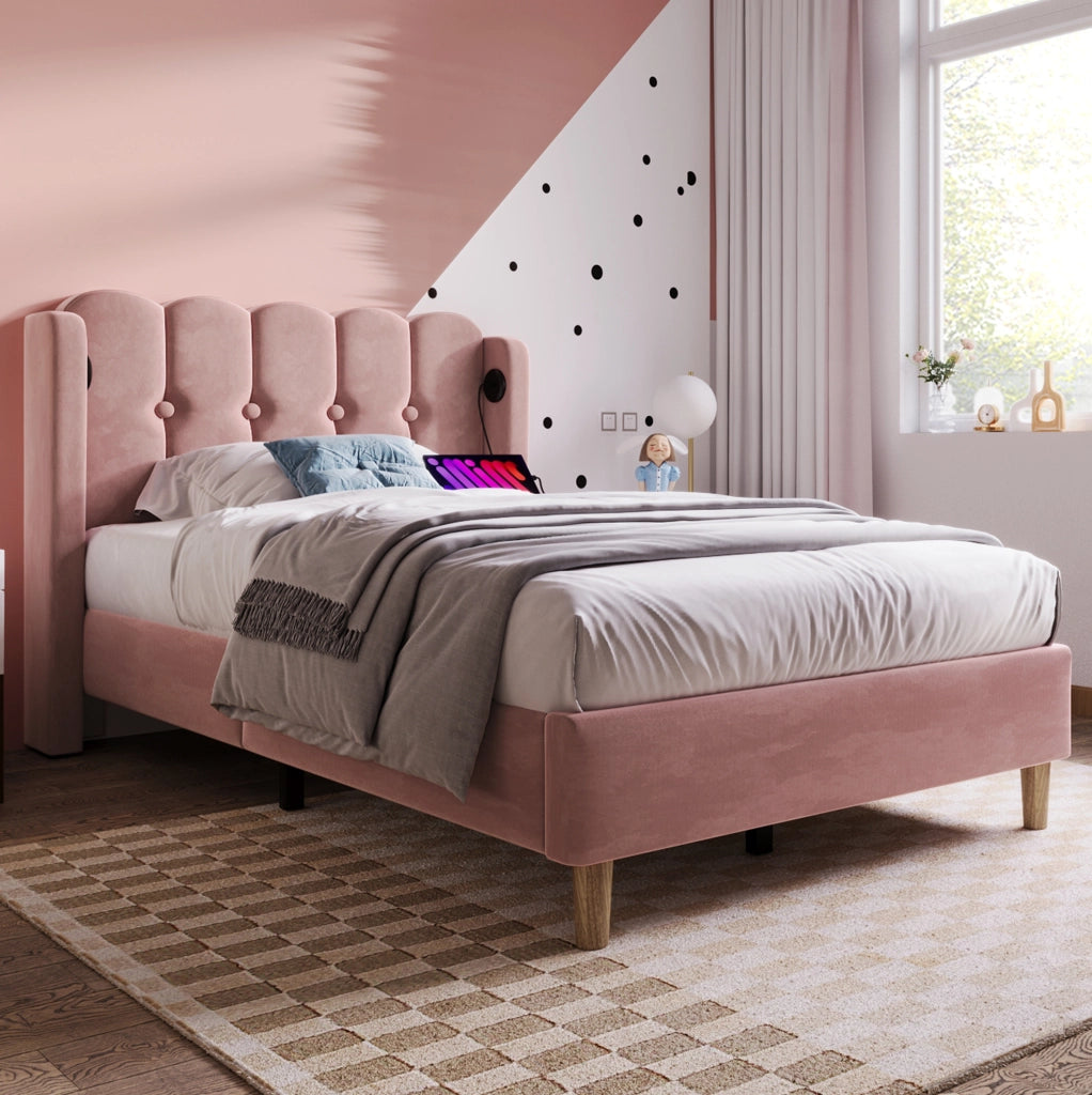 Letto singolo imbottito rosa 90x200 cm con USB e USB-C