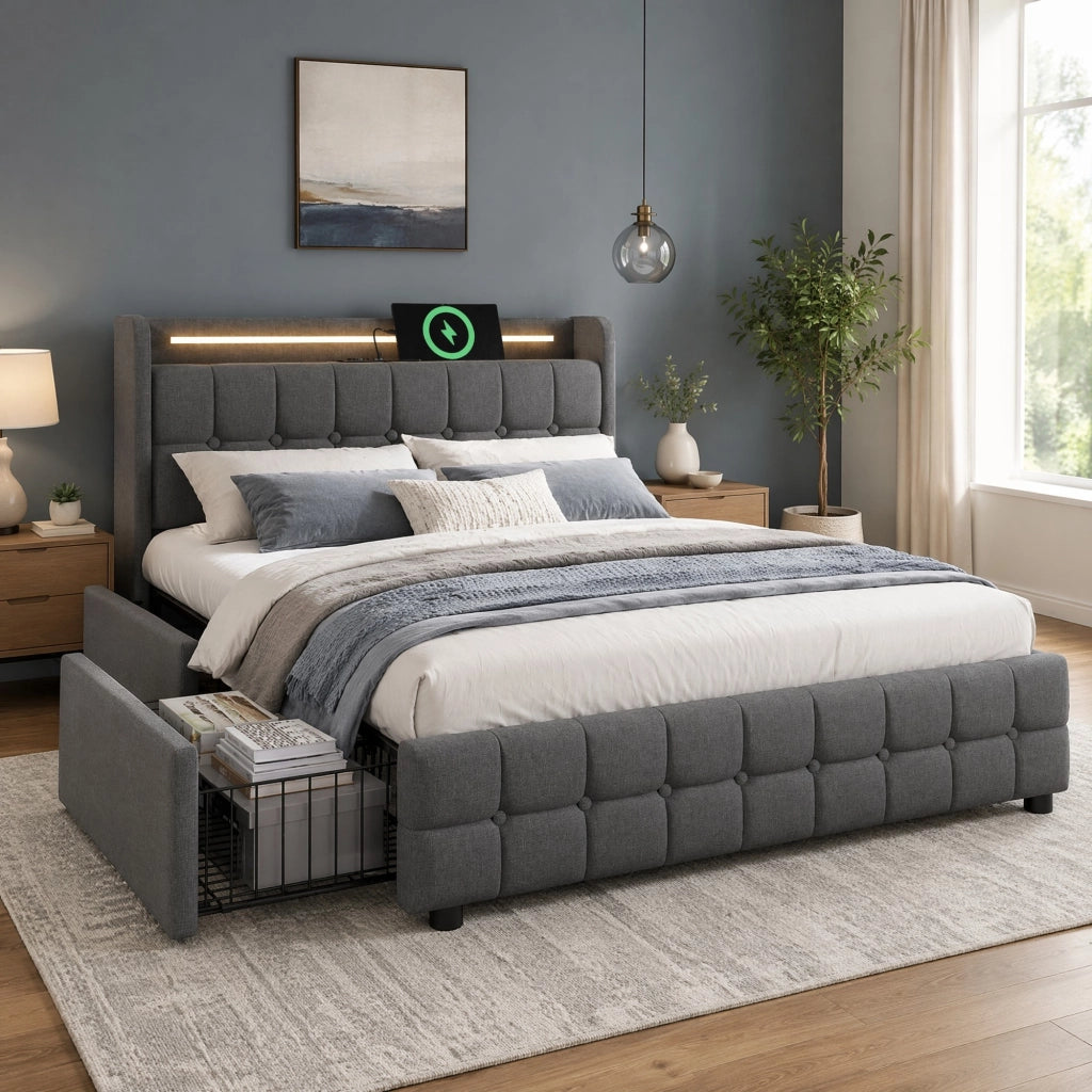 Letto matrimoniale imbottito 180x200 cm con USB, LED e 4 cassetti, struttura in metallo, grigio