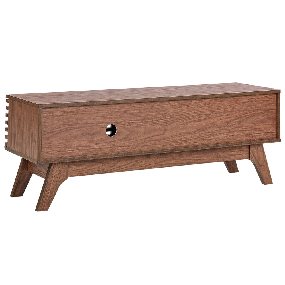 Mobile TV in legno scuro con vano portaoggetti anteriore a scorrimento stile moderno contemporaneo