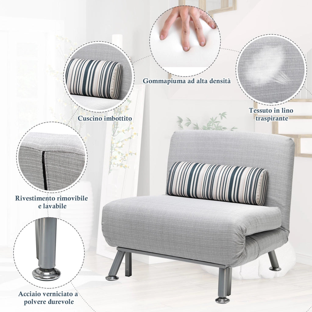 Poltrona Letto in Ferro e Cotone con Cuscino a Righe Grigio,75x70x75 cm