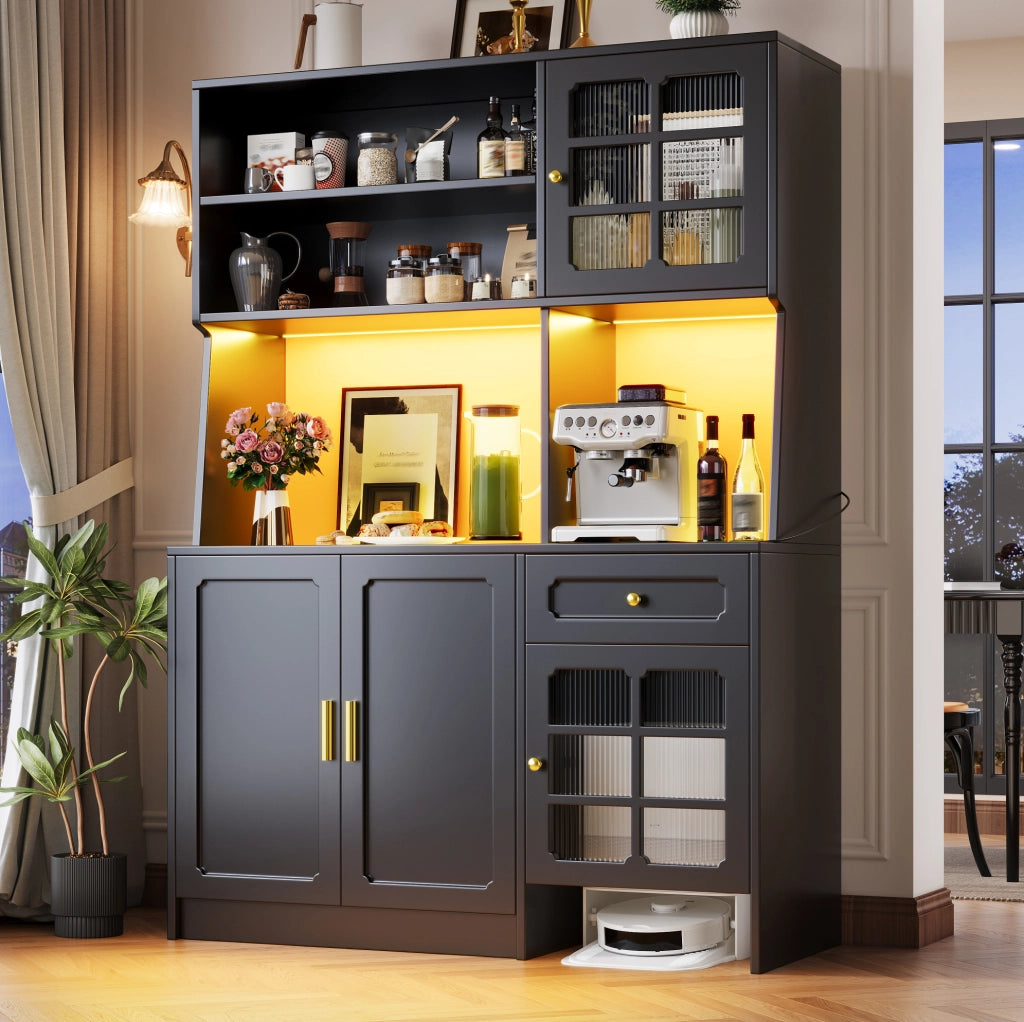 Mobile da cucina alto 130x45x180 cm in MDF nero con contenitore e LED
