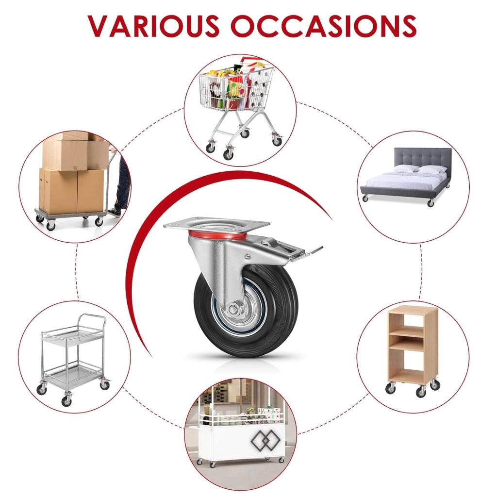 Set di 4 Ruote per Mobili Pesanti con 2 Freno, 200 mm Rotelle Girevoli, Capacità 640 kg, Carrelli Ruotabili a 360°Nessuna Rumorosità, per Pallet, Trolley, Resistenti