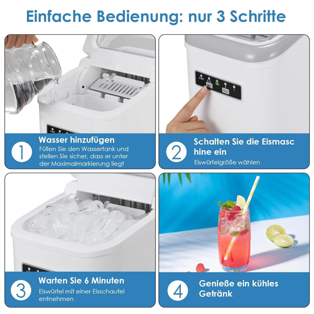Macchina Ghiaccio, 12 kg/24h, 9 Cubetti di Ghiaccio in 6 Minuti, 2 Dimensioni di Ghiaccio, Silenzioso, Macchina del Ghiaccio Casa Autopulente con Maniglia/Cestello/Paletta, per Cucina/Ufficio/Bar