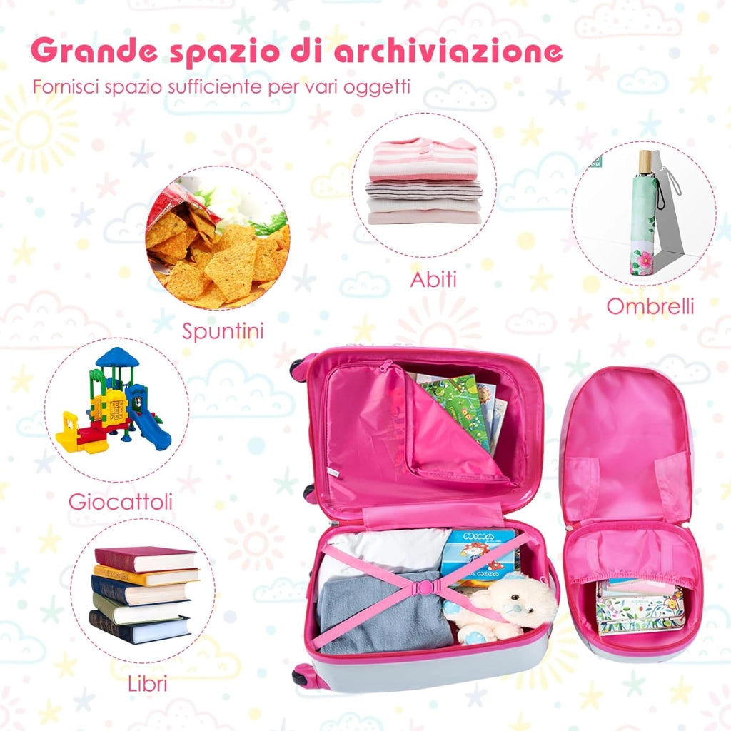 Set di Valigia per Bambini, 16" Valigia+ 12" Zaino, 2 Pezzi, con Ruote Girevoli a 360° e Maniglia Retrattile, Ideale per Viaggiare in Modo Comodo e Divertente (Modello 5)