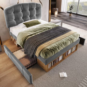 Letto Singolo Imbottito con Cassetti ¨C MINIMAL ¨C Velluto Grigio, 90x200, Testiera Regolabile