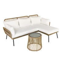 Set da Giardino in Rattan Stile Boho Chic con Divano Angolare e e Tavolino, Crema e Caffè